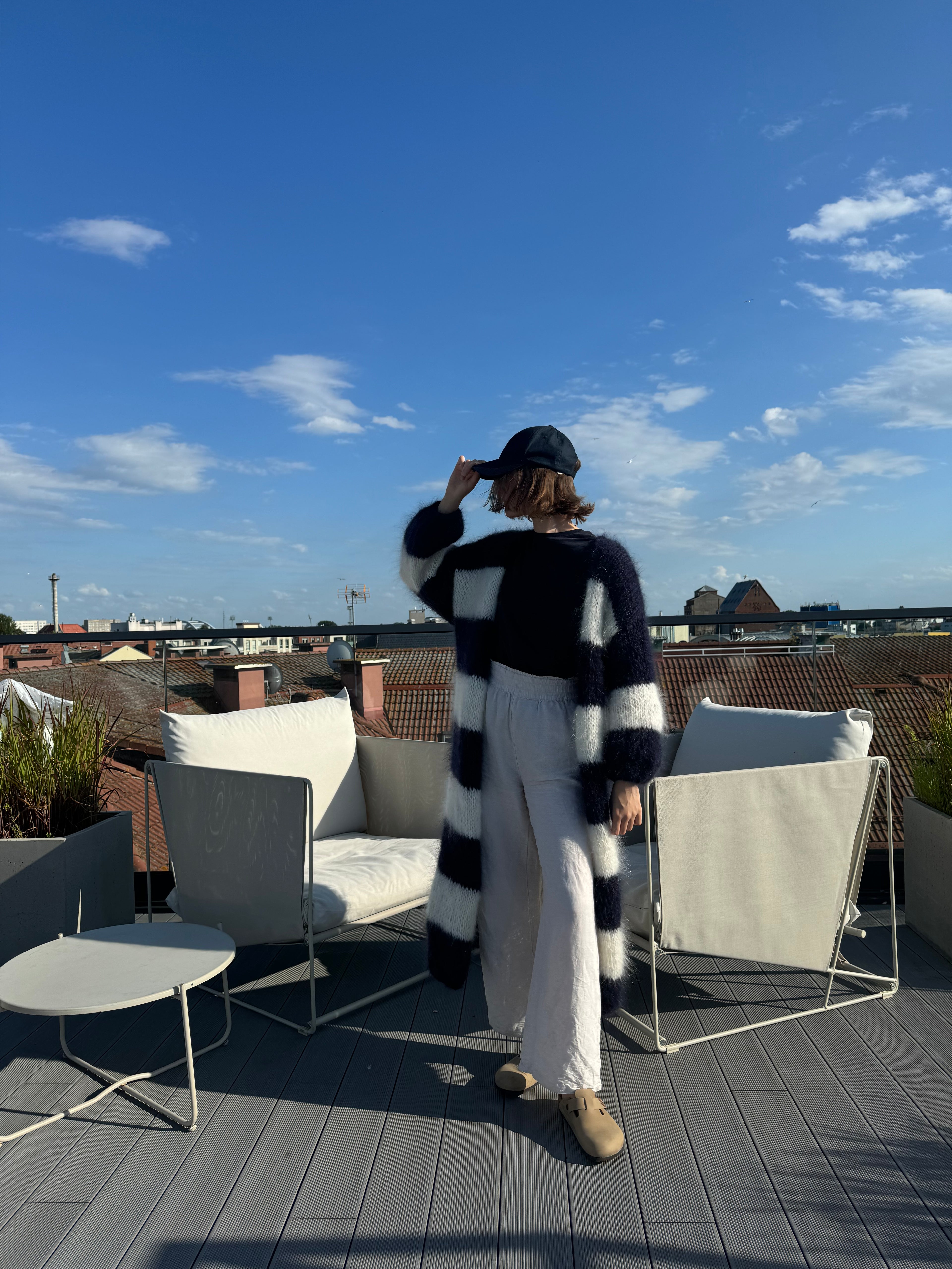 Długi Kardigan w paski granat-ecru