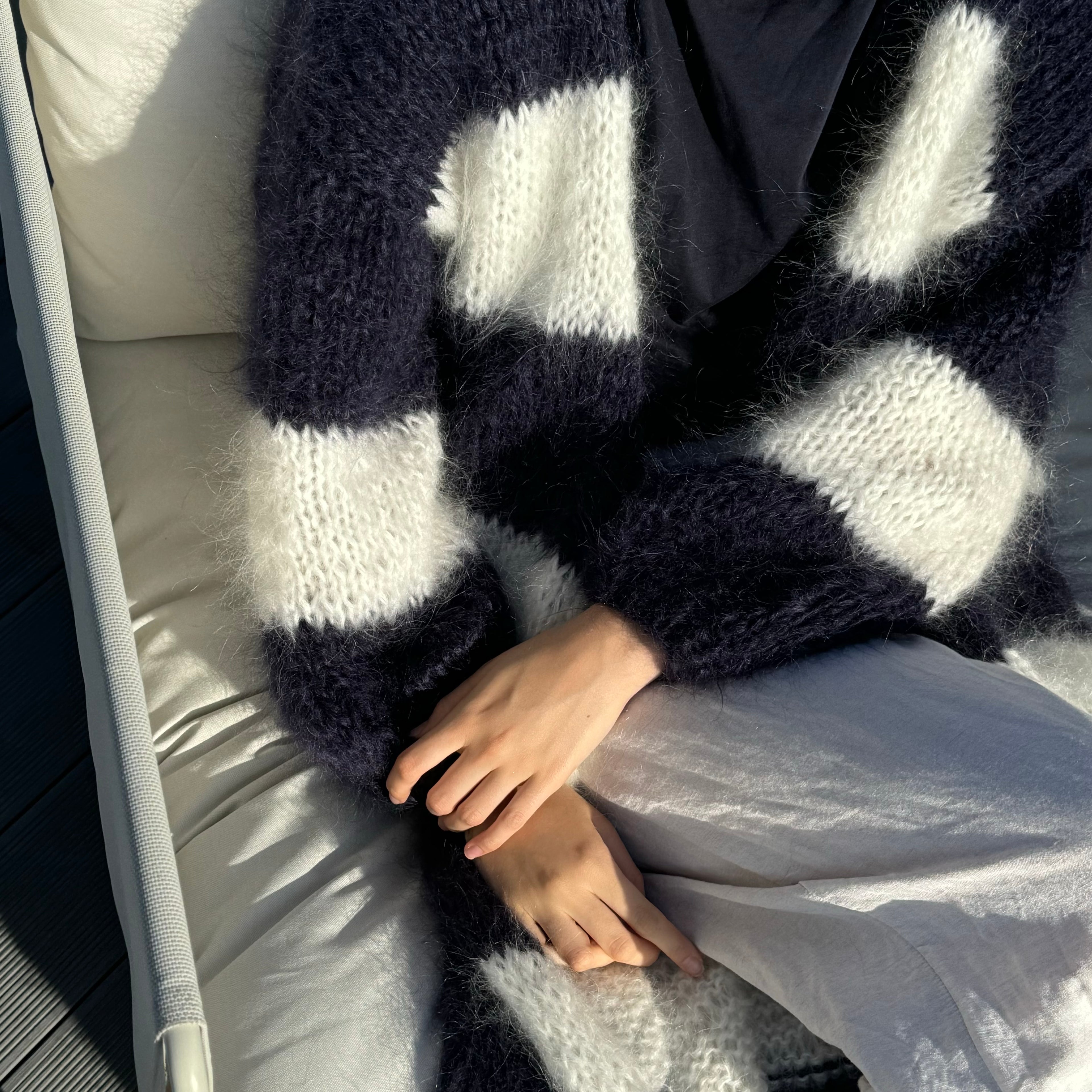 Długi Kardigan w paski granat-ecru