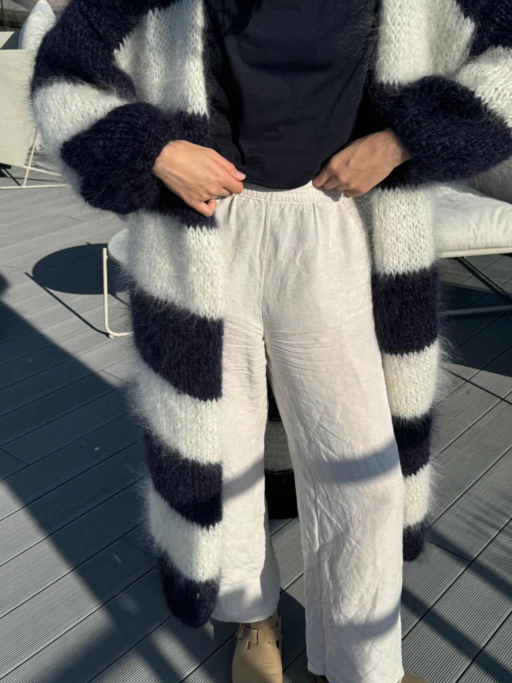 Długi Kardigan w paski granat-ecru