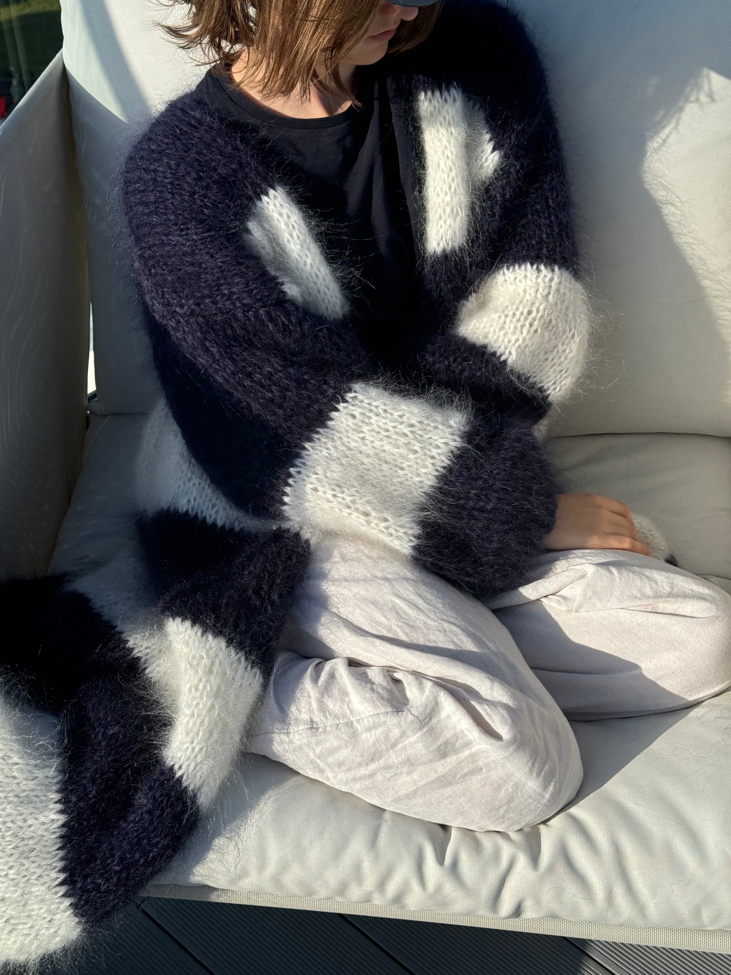 Długi Kardigan w paski granat-ecru