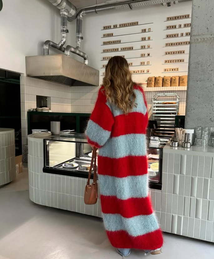 Długi Kardigan w paski (red-mint)